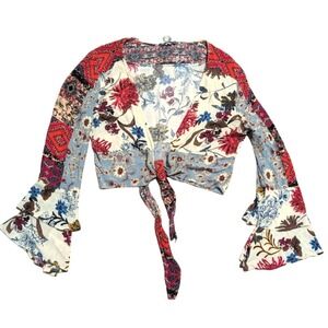 Umgee Tie Crop M Medium Top Bell Sleeve Boho Floral Hippie Patchwork Shrug Shirt